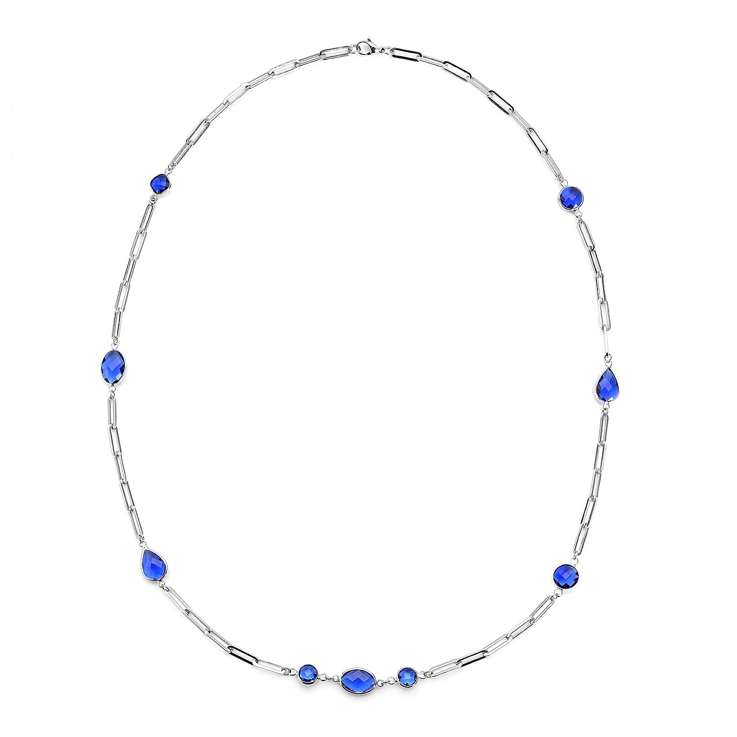 Simulated Blue Sapphire Paper Clip Chain Station Necklace in Stainless Steel 28 Inches