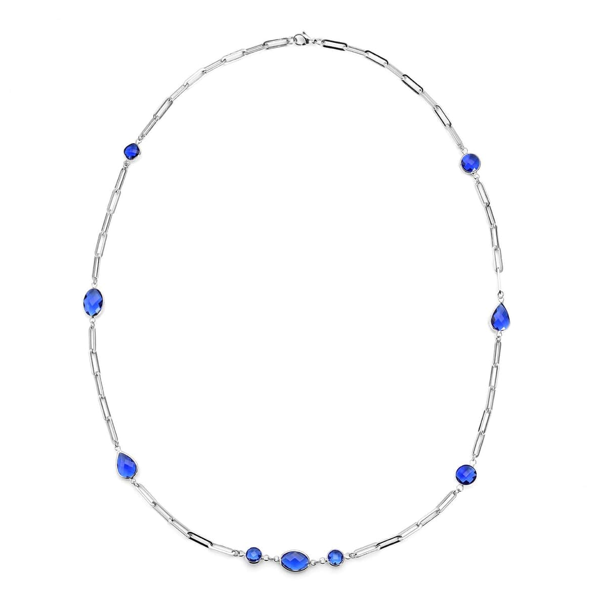 Simulated Blue Sapphire Paper Clip Chain Station Necklace 28 Inches in Stainless Steel image number 0