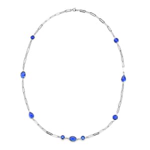Simulated Blue Sapphire Paper Clip Chain Station Necklace 28 Inches in Stainless Steel