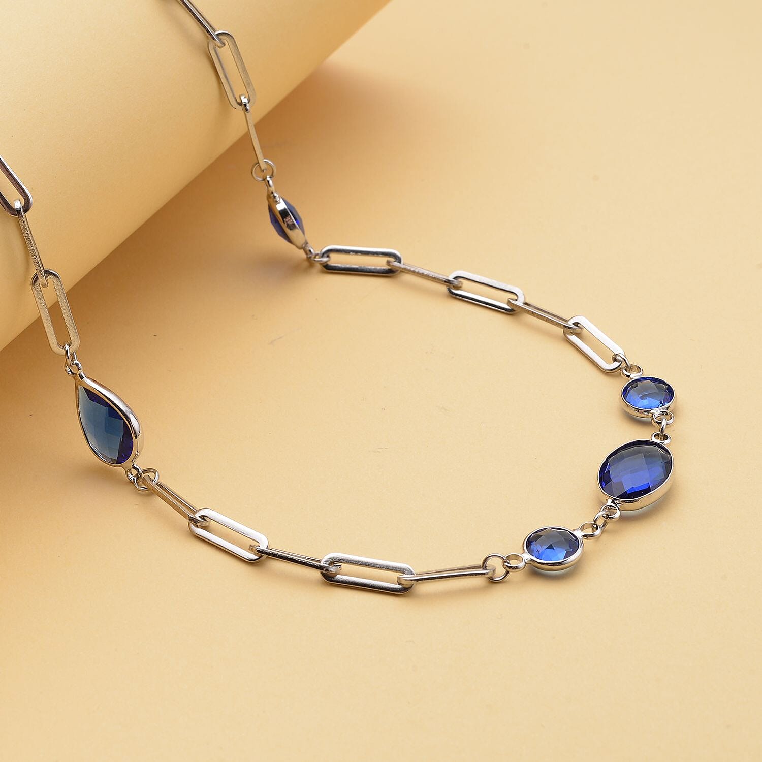 Simulated Blue Sapphire Paper Clip Chain Station Necklace in Stainless Steel 28 Inches