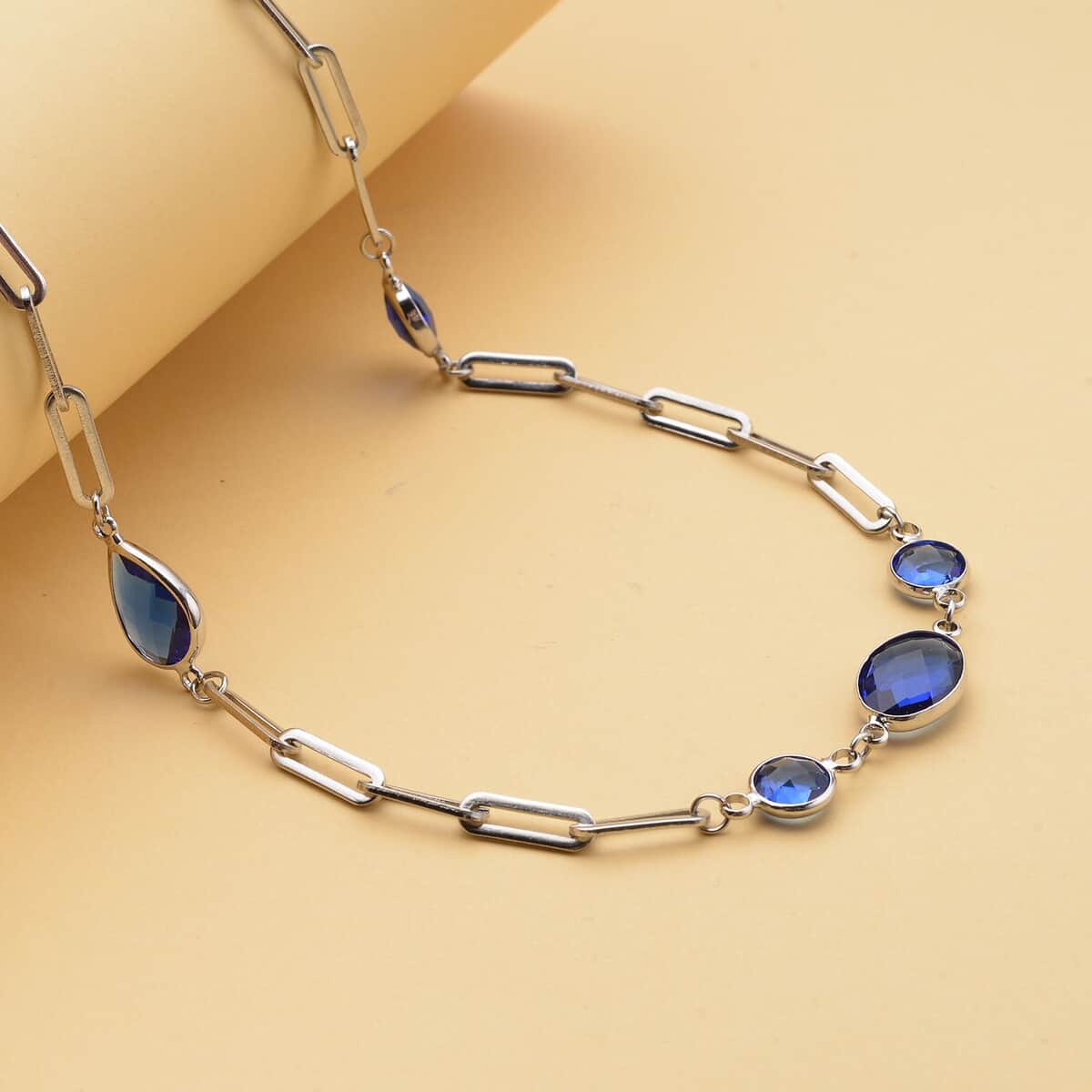 Simulated Blue Sapphire Paper Clip Chain Station Necklace 28 Inches in Stainless Steel image number 1