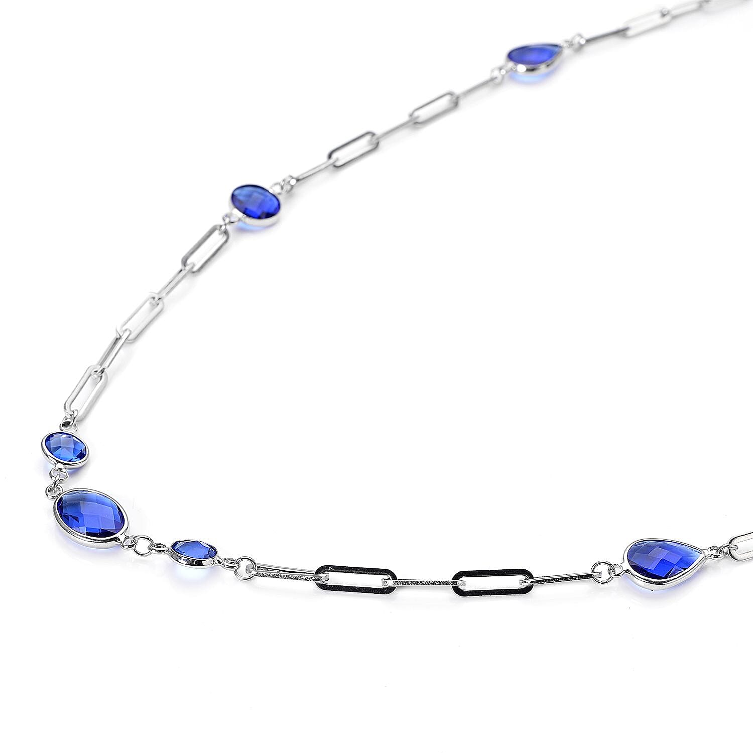 Simulated Blue Sapphire Paper Clip Chain Station Necklace in Stainless Steel 28 Inches