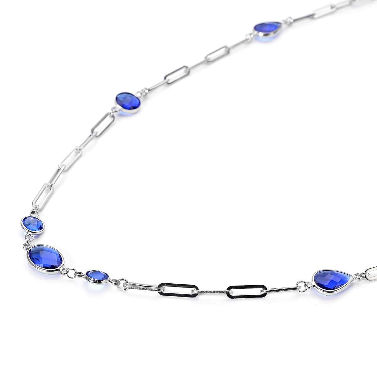 Simulated Blue Sapphire Paper Clip Chain Station Necklace 28 Inches in Stainless Steel image number 2