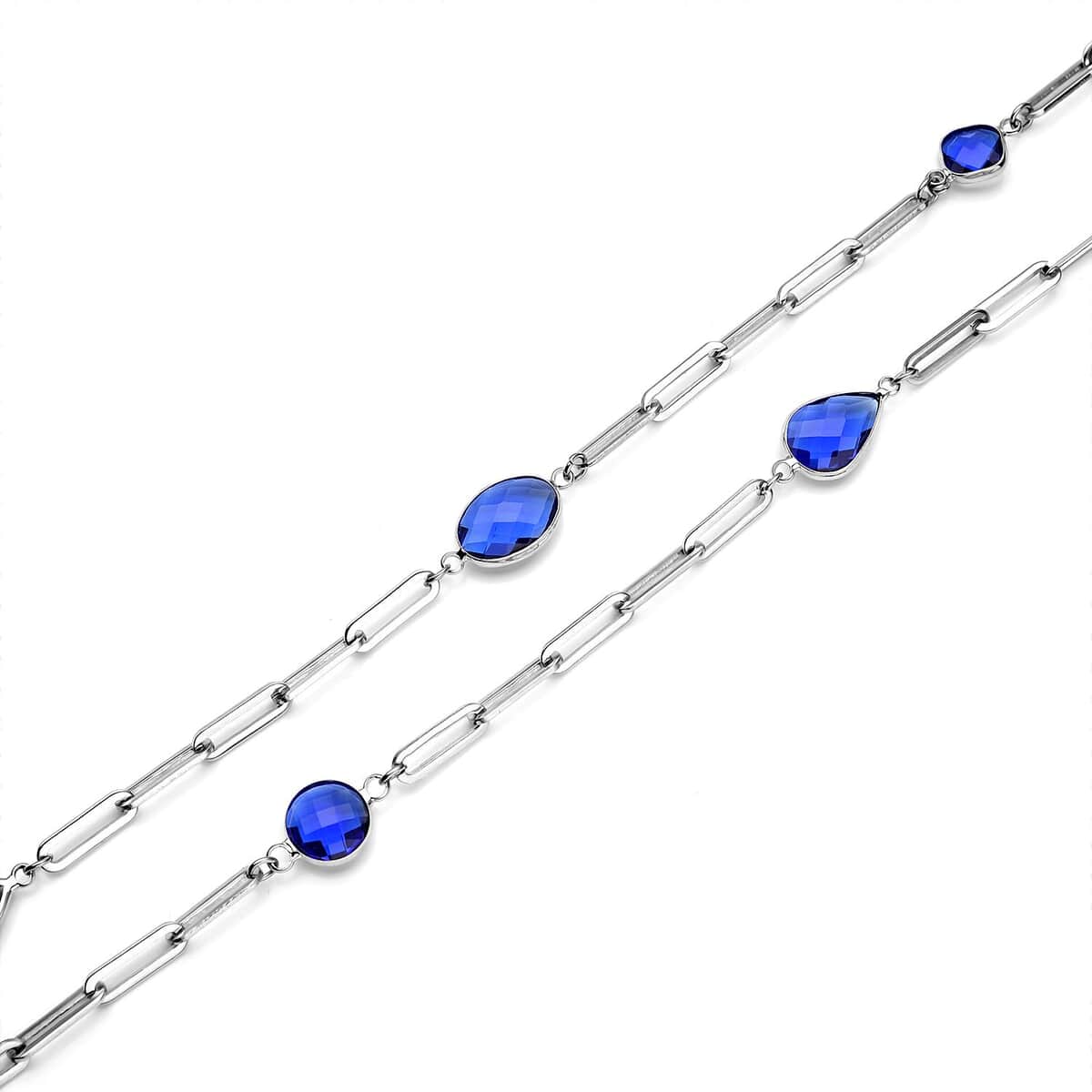 Simulated Blue Sapphire Paper Clip Chain Station Necklace 28 Inches in Stainless Steel image number 3