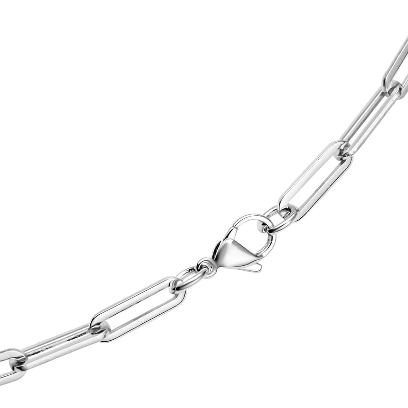 Simulated Blue Sapphire Paper Clip Chain Station Necklace in Stainless Steel 28 Inches