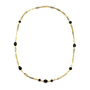 Simulated Black Spinel Paper Clip Chain Station Necklace (28 Inches) in ION Plated YG Stainless Steel | Tarnish-Free, Waterproof, Sweat Proof Jewelry