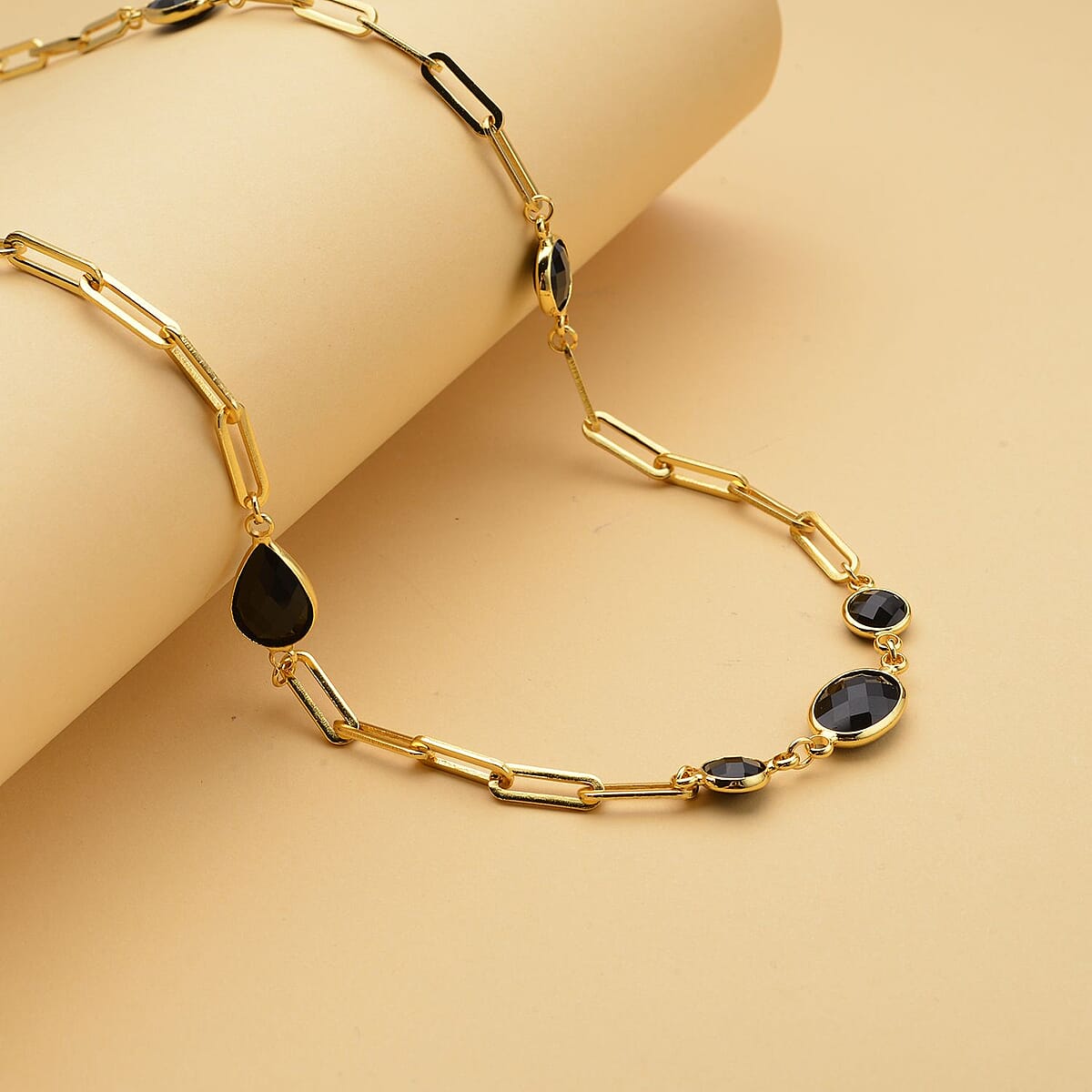 Simulated Black Spinel Paper Clip Chain Station Necklace (28 Inches) in ION Plated YG Stainless Steel | Tarnish-Free, Waterproof, Sweat Proof Jewelry image number 1