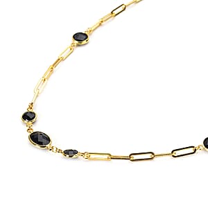Simulated Black Spinel Paper Clip Chain Station Necklace (28 Inches) in ION Plated YG Stainless Steel | Tarnish-Free, Waterproof, Sweat Proof Jewelry