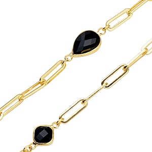 Simulated Black Spinel Paper Clip Chain Station Necklace (28 Inches) in ION Plated YG Stainless Steel | Tarnish-Free, Waterproof, Sweat Proof Jewelry