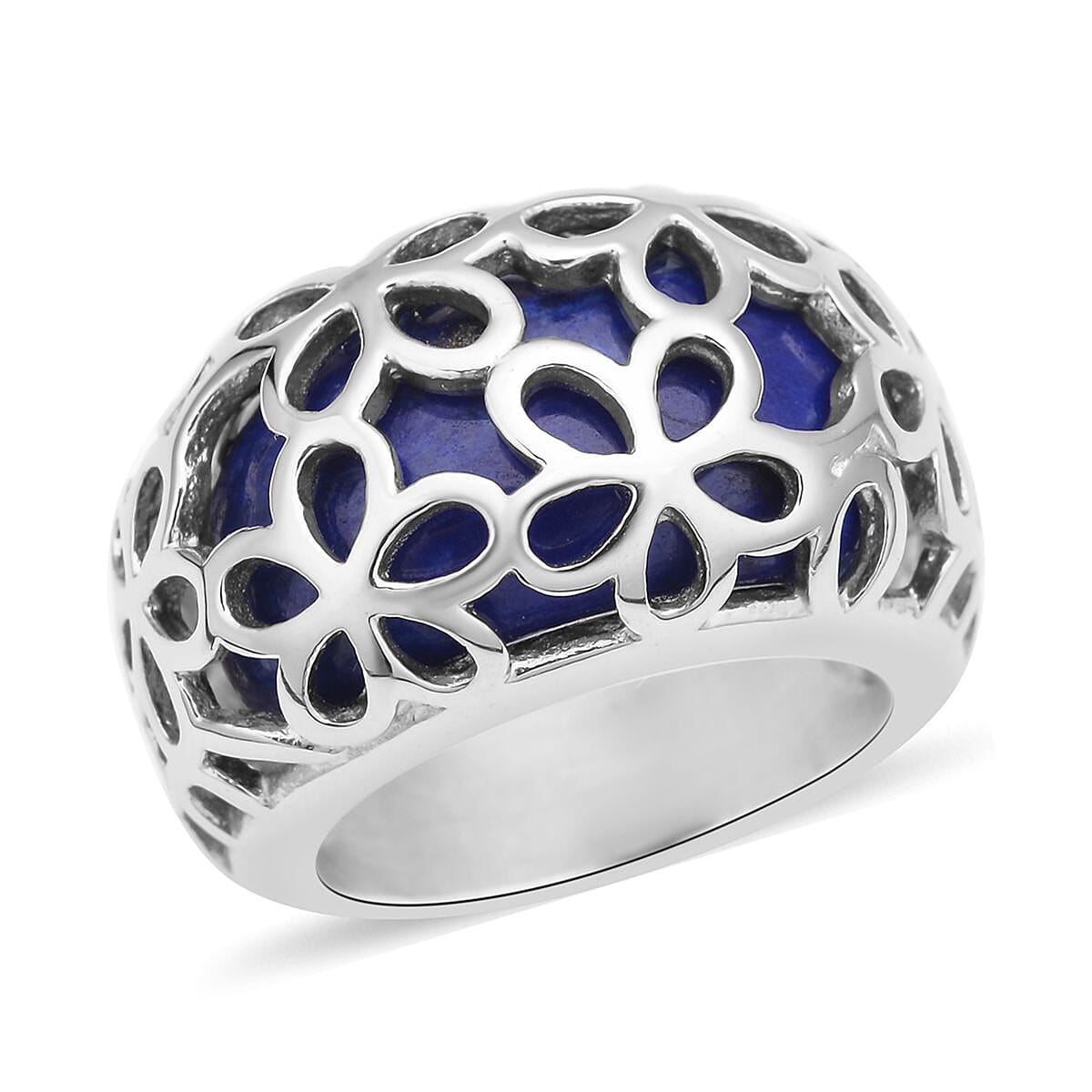 Lapis Lazuli Floral Dome Ring in Stainless Steel (Size 10.0) 15.00 ctw