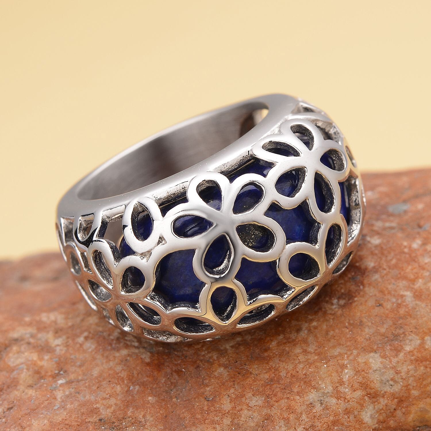 Lapis Lazuli Floral Dome Ring in Stainless Steel (Size 10.0) 15.00 ctw
