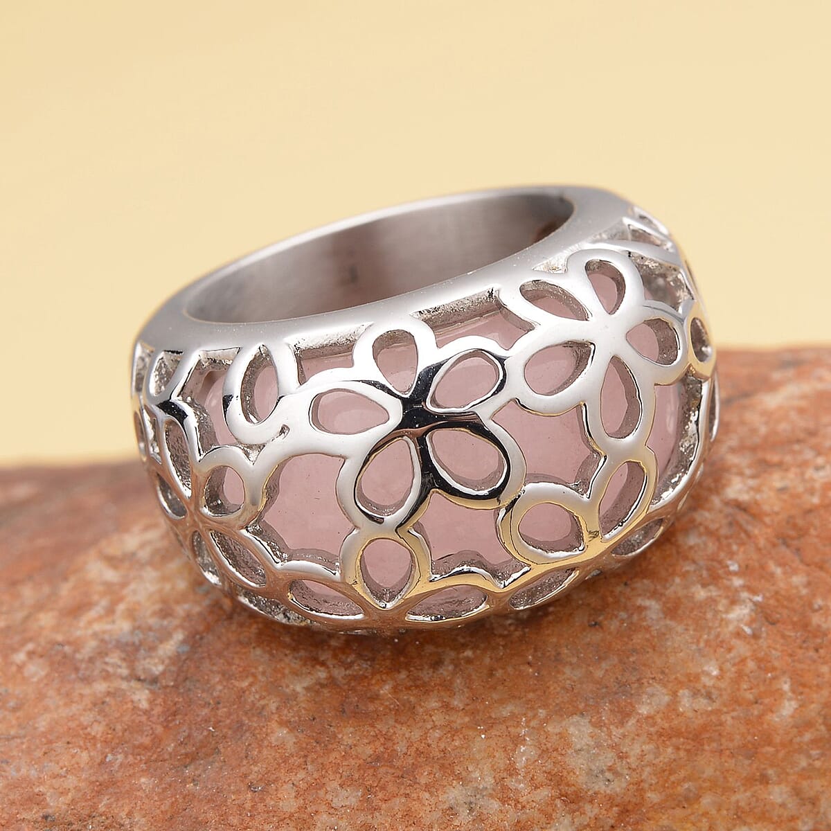 Galilea Rose Quartz Floral Dome Ring in Stainless Steel (Size 8.0) 15.00 ctw image number 1