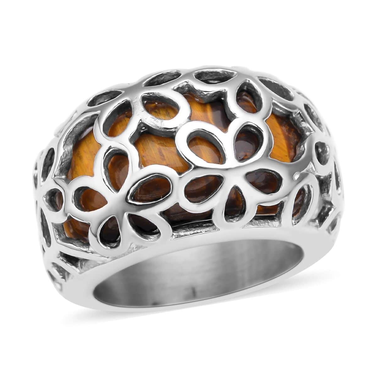 Yellow Tiger's Eye Floral Dome Ring in Stainless Steel (Size 7.0) 15.00 ctw image number 0
