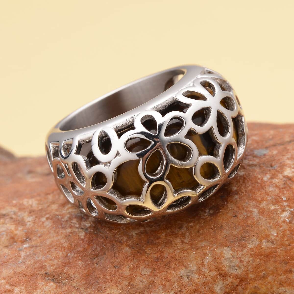 Yellow Tiger's Eye Floral Dome Ring in Stainless Steel (Size 7.0) 15.00 ctw image number 1