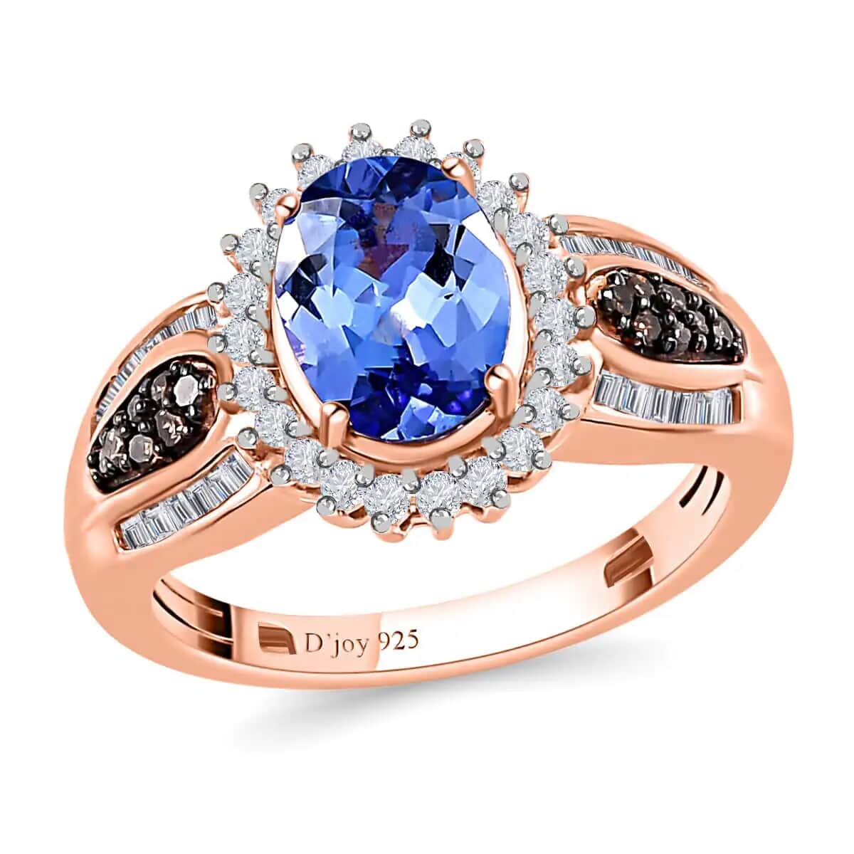 Tanzanite, Natural Champagne and White Diamond Ring in Vermeil Rose Gold Over Sterling Silver 1.70 ctw image number 0