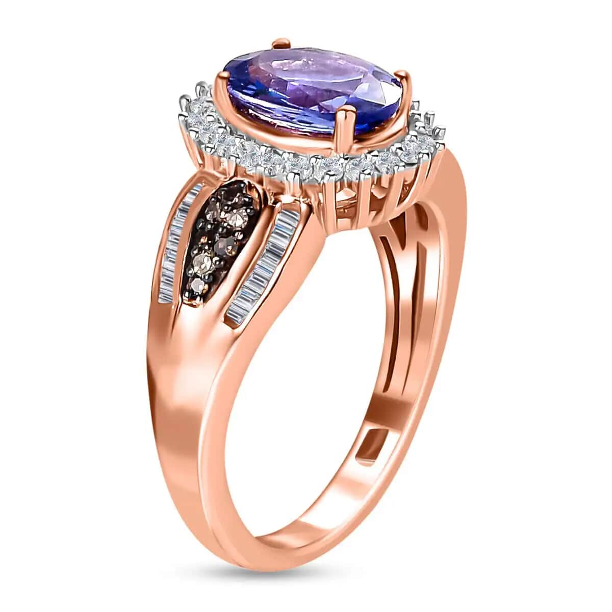 Tanzanite, Natural Champagne and White Diamond Ring in Vermeil Rose Gold Over Sterling Silver 1.70 ctw image number 3