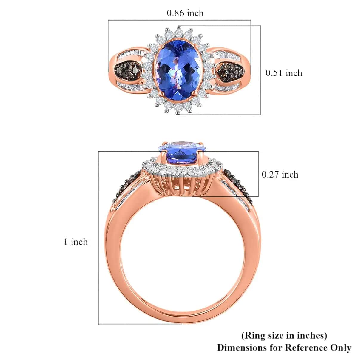 Tanzanite, Natural Champagne and White Diamond Ring in Vermeil Rose Gold Over Sterling Silver 1.70 ctw image number 6