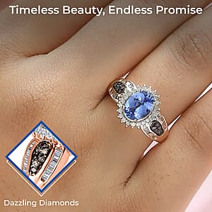 Tanzanite Sunburst Ring, Natural Champagne and White Diamond 1.80 ctw Accent Ring, Vermeil Rose Gold Over Sterling Silver Ring, Tanzanite Jewelry For Her (Size 9)