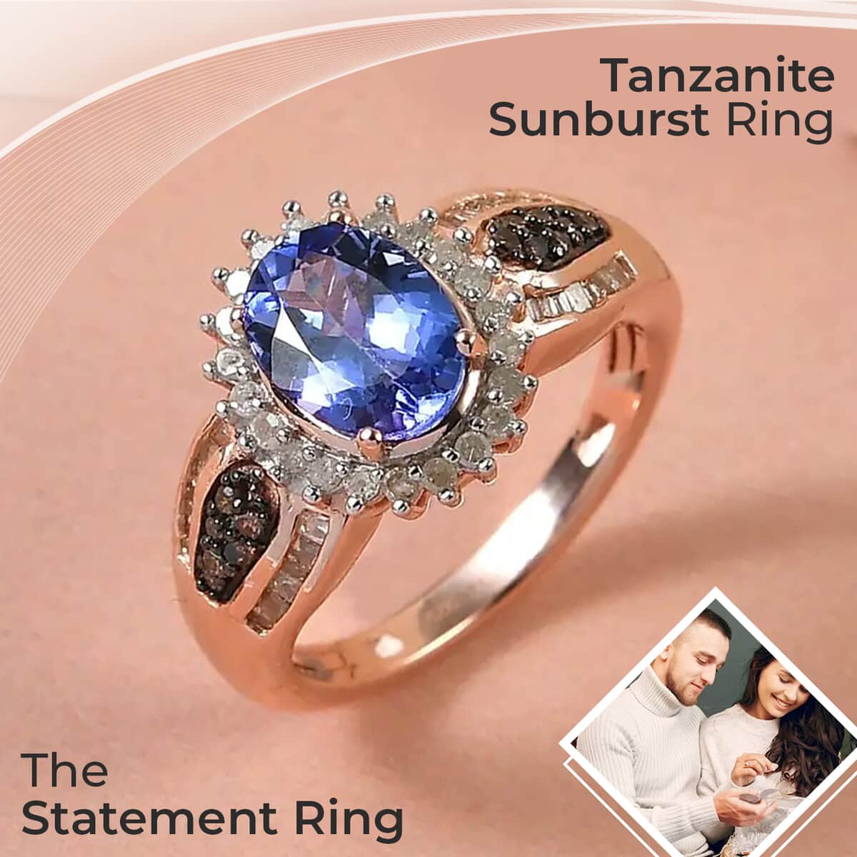 Tanzanite Sunburst Ring, Natural Champagne and White Diamond 1.80 ctw Accent Ring, Vermeil Rose Gold Over Sterling Silver Ring, Tanzanite Jewelry For Her (Size 5) image number 1