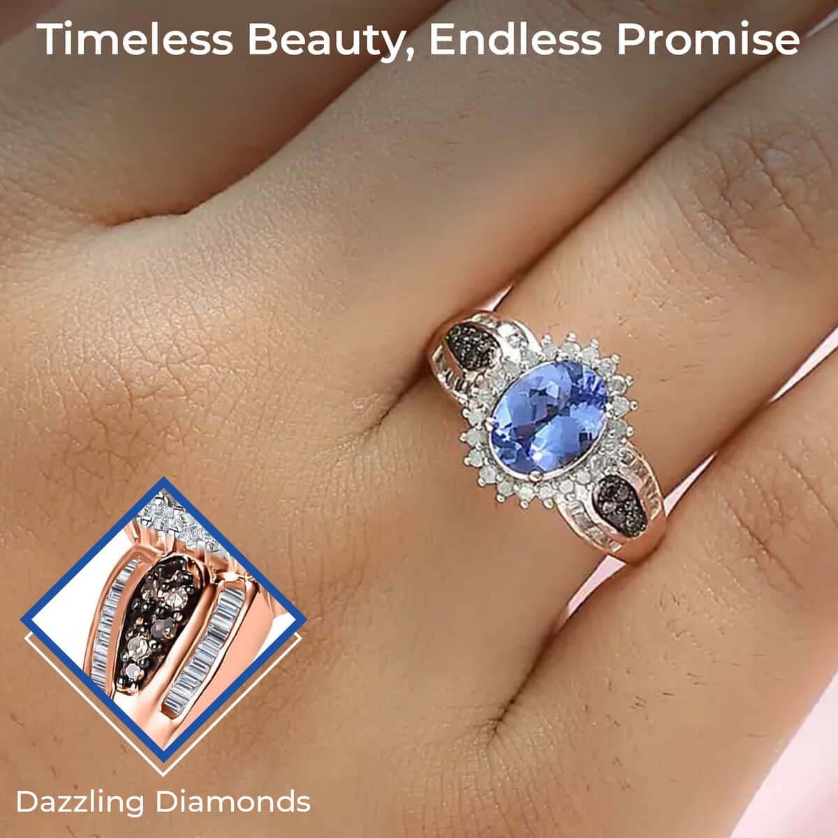 Tanzanite Sunburst Ring, Natural Champagne and White Diamond 1.80 ctw Accent Ring, Vermeil Rose Gold Over Sterling Silver Ring, Tanzanite Jewelry For Her (Size 5) image number 2