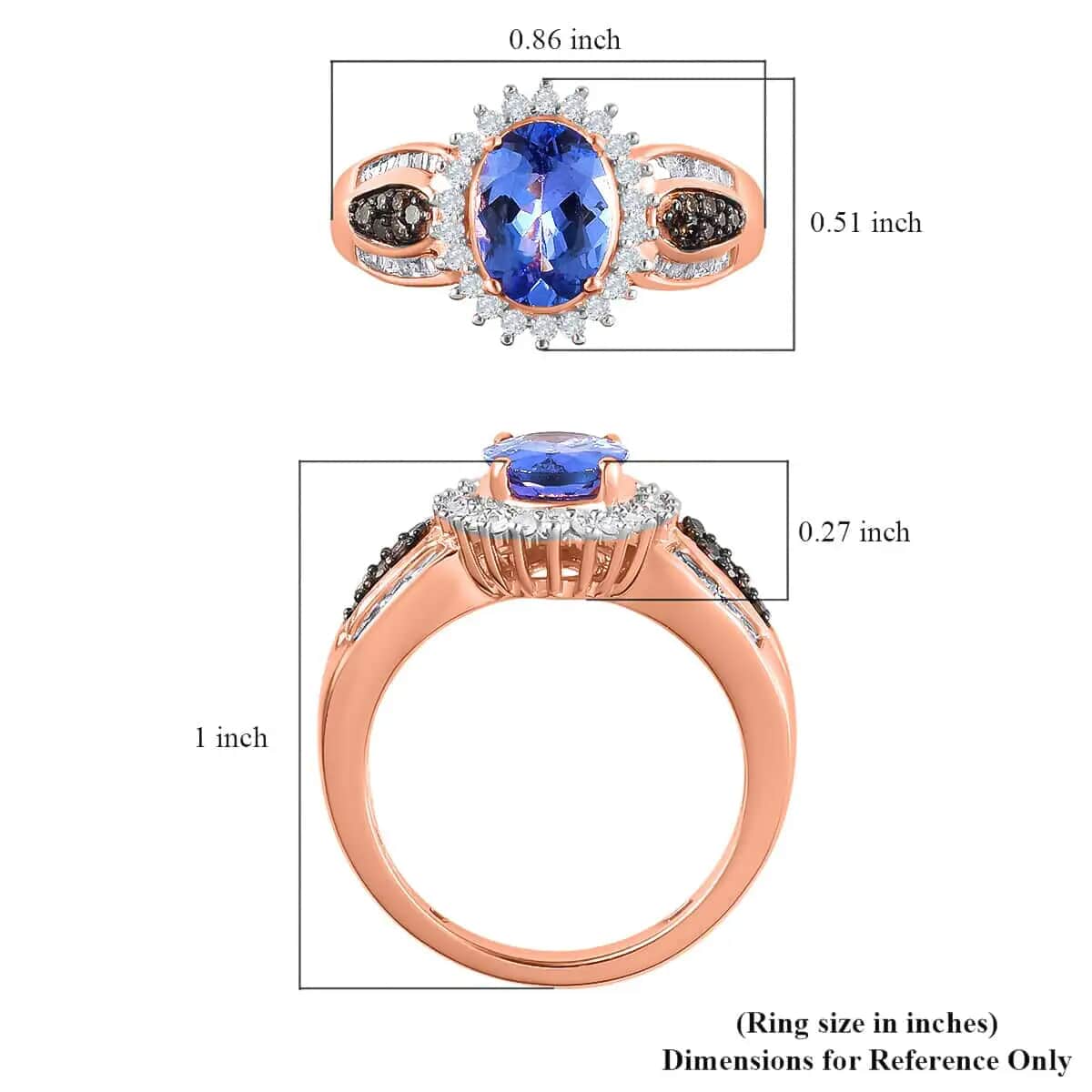 Tanzanite Sunburst Ring, Natural Champagne and White Diamond 1.80 ctw Accent Ring, Vermeil Rose Gold Over Sterling Silver Ring, Tanzanite Jewelry For Her (Size 5) image number 6