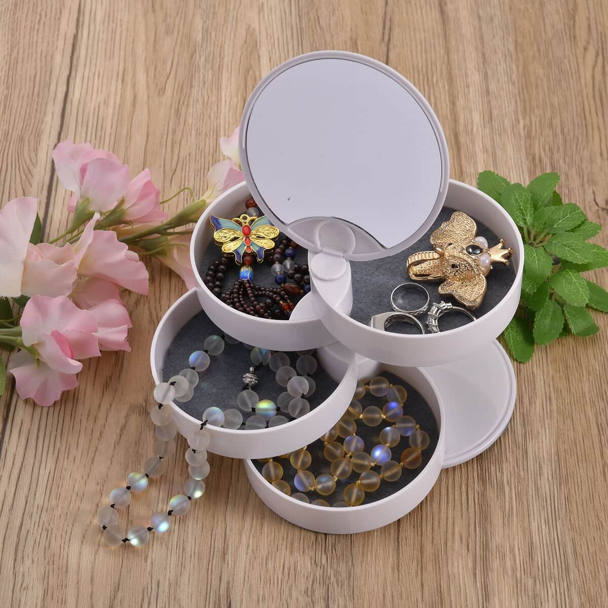 White 360 Degree Rotatable Round Shape 4 Layer Jewelry Organizer with Mirror (3.9"x3.9"x7.7") image number 1