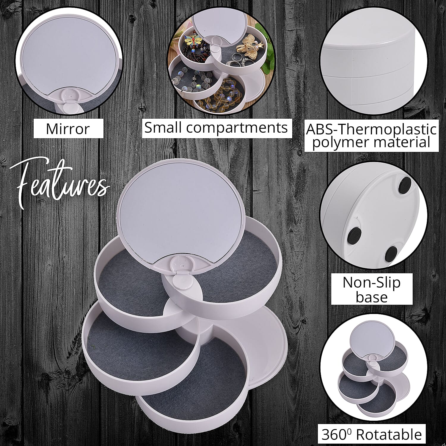 White 360 Degree Rotatable Round Shape 4 Layer Jewelry Organizer with Mirror
