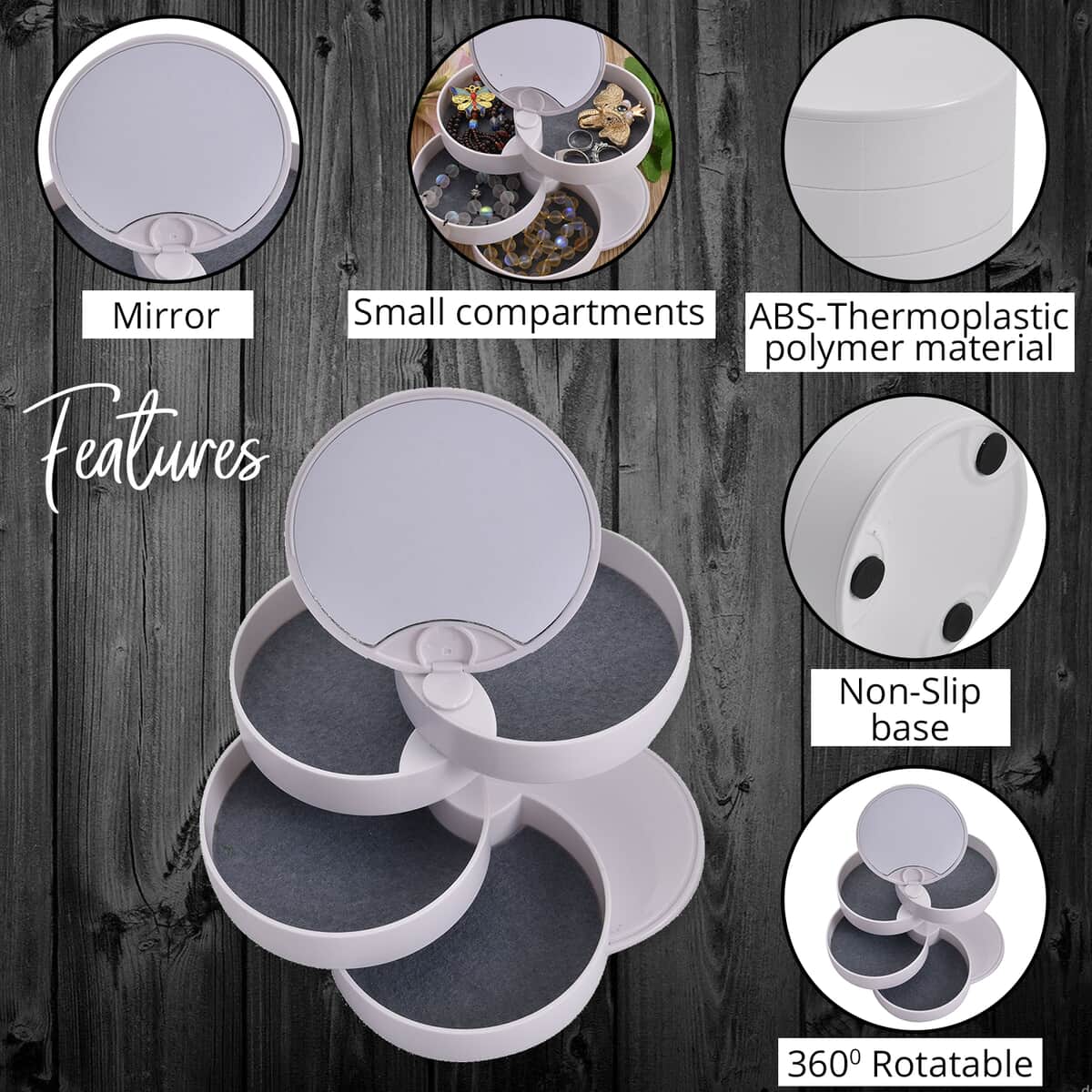 White 360 Degree Rotatable Round Shape 4 Layer Jewelry Organizer with Mirror (3.9"x3.9"x7.7") image number 2