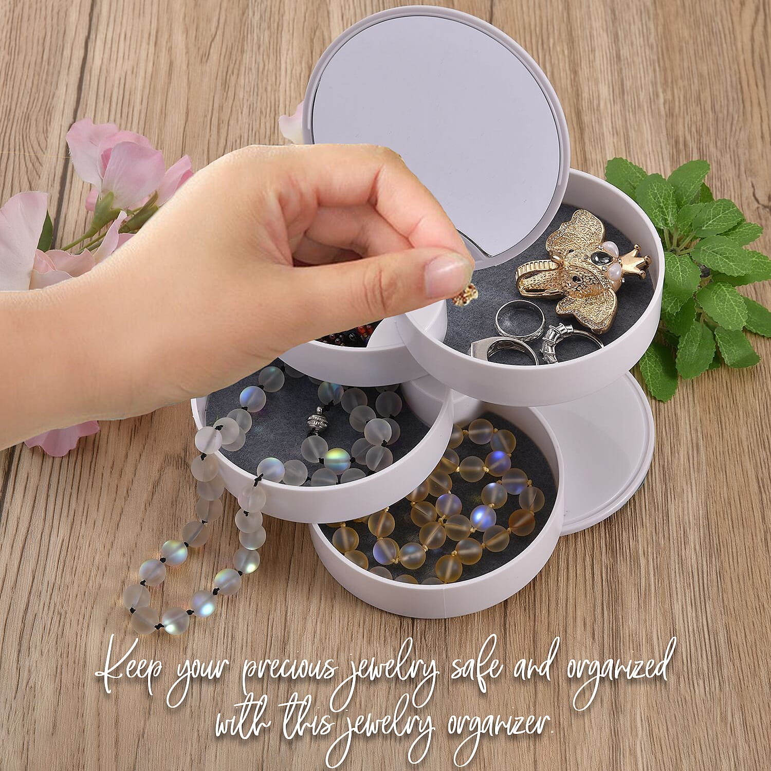 White 360 Degree Rotatable Round Shape 4 Layer Jewelry Organizer with Mirror