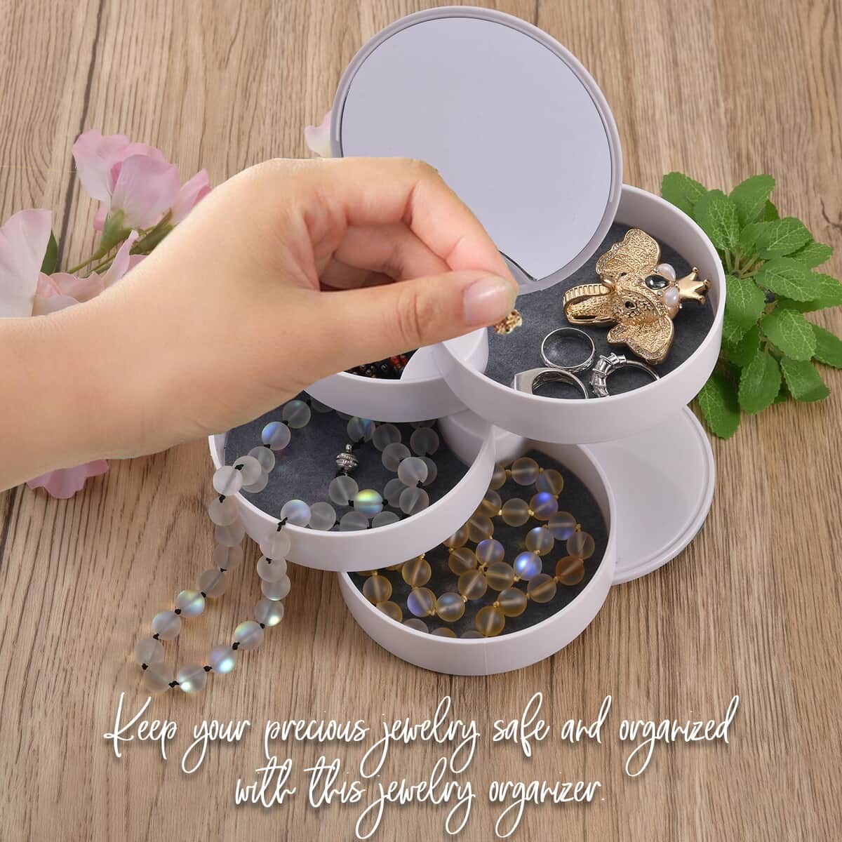 White 360 Degree Rotatable Round Shape 4 Layer Jewelry Organizer with Mirror (3.9"x3.9"x7.7") image number 3