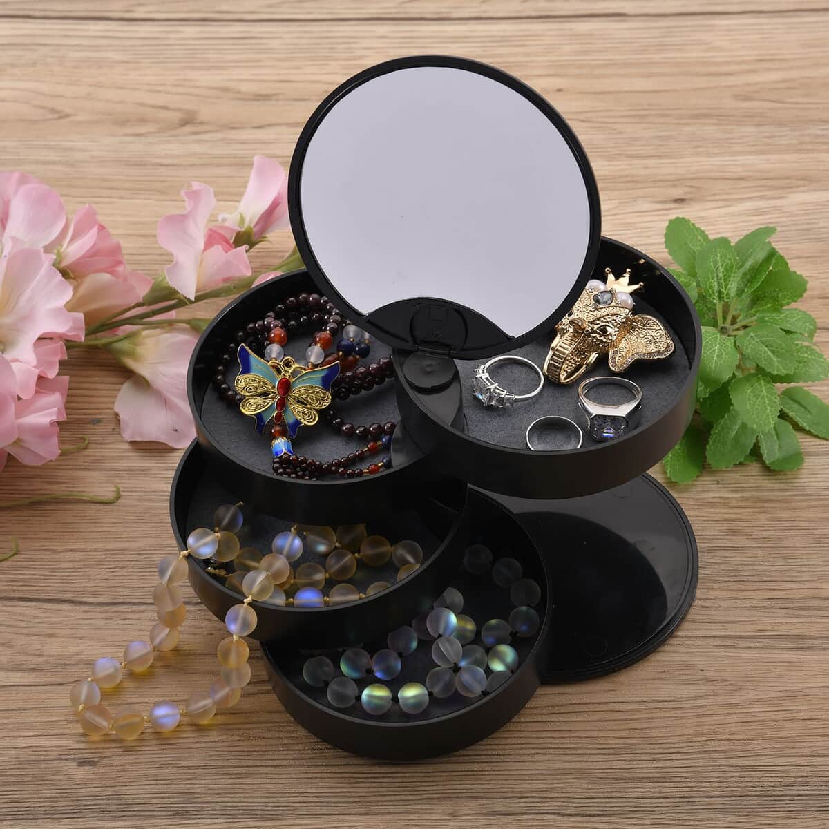 Black 360 Degree Rotatable Round Shape 4 Layer Jewelry Organizer with Mirror image number 1
