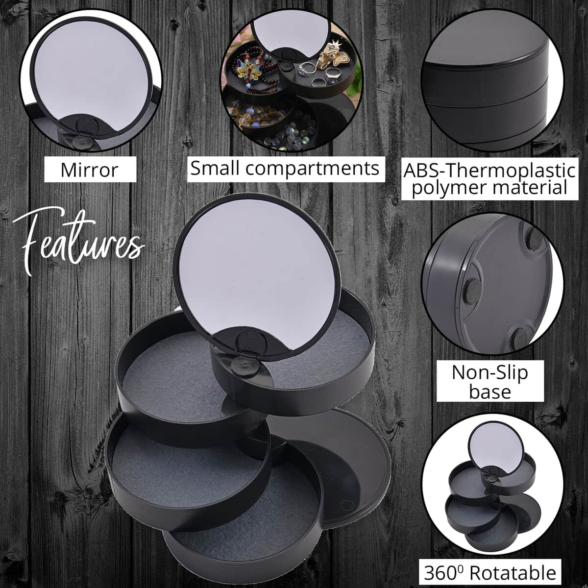 Black 360 Degree Rotatable Round Shape 4 Layer Jewelry Organizer with Mirror image number 2