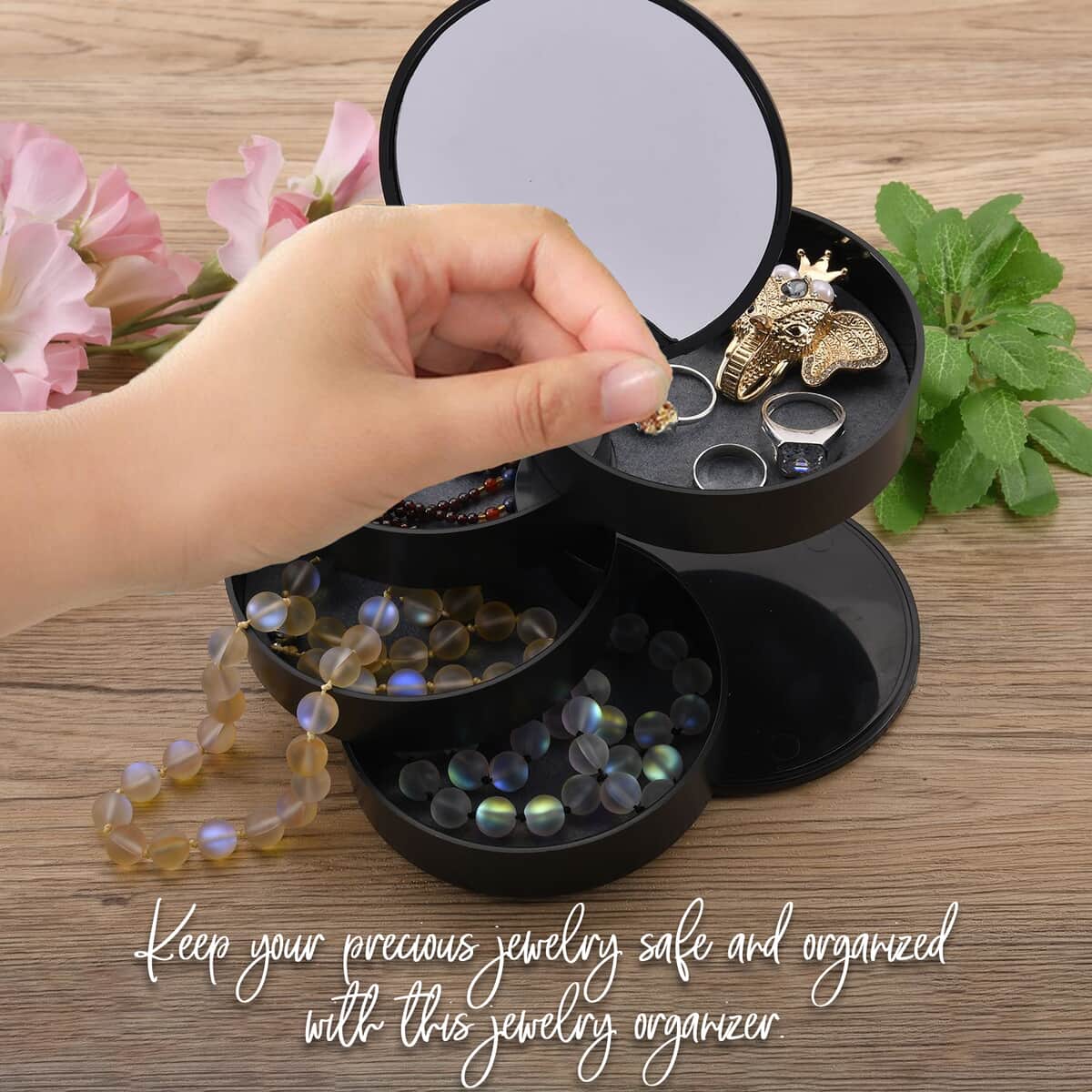 Black 360 Degree Rotatable Round Shape 4 Layer Jewelry Organizer with Mirror image number 3
