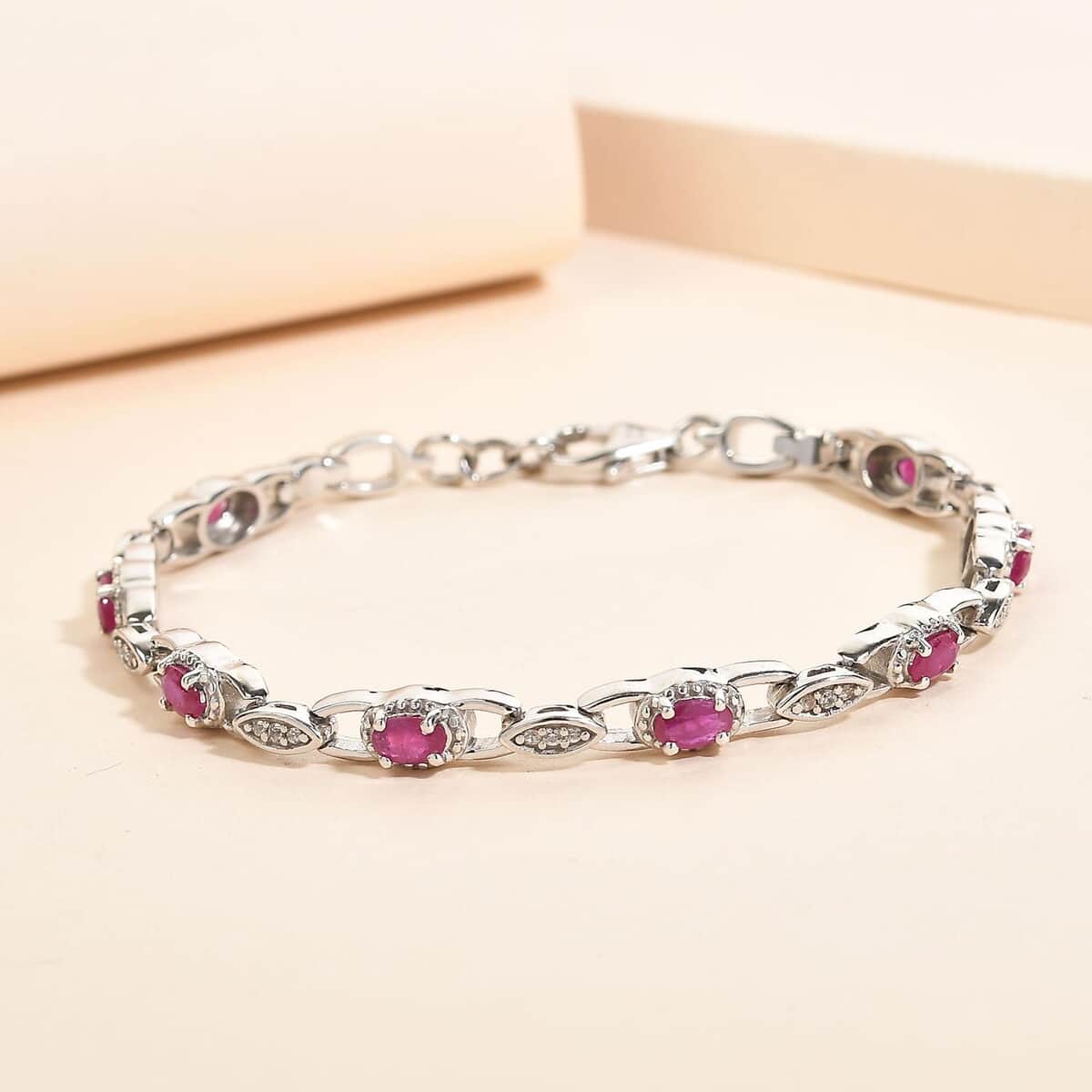 Premium Mozambique Ruby and Natural White Zircon Link Bracelet in Platinum Over Sterling Silver (7.25 In) 10.35 Grams 3.15 ctw image number 1