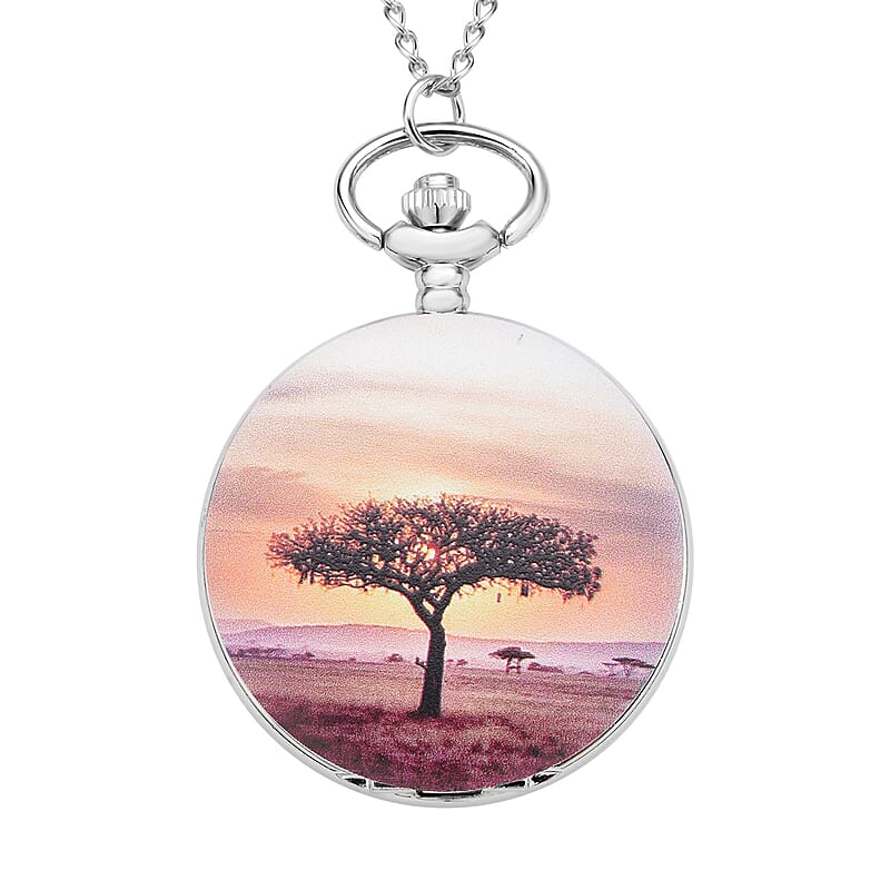 Strada Japanese Movement Tree Pattern Pocket Watch with Chain (up to 31 Inches) (47mm)