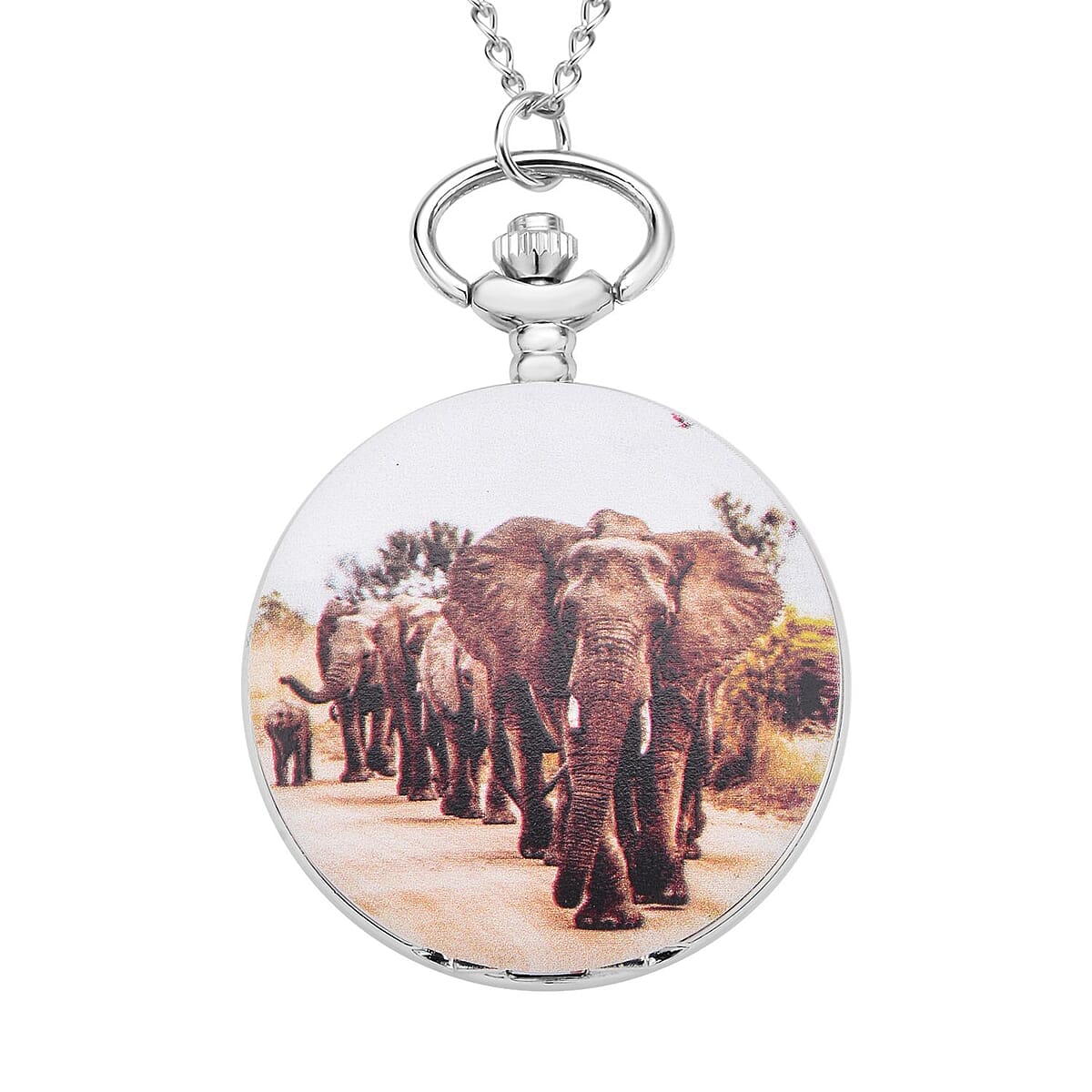 Strada Japanese Movement Elephants Pattern Pocket Watch with Chain (up to 31 Inches) (47mm) image number 0