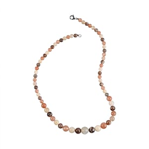 Multi Color Moonstone Beaded Necklace (20 Inches) in Rhodium Over Stainless Steel 180.50 ctw | Tarnish-Free, Waterproof, Sweat Proof Jewelry