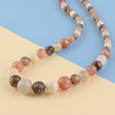 Multi Color Moonstone Beaded Necklace (20 Inches) in Rhodium Over Stainless Steel 180.50 ctw | Tarnish-Free, Waterproof, Sweat Proof Jewelry