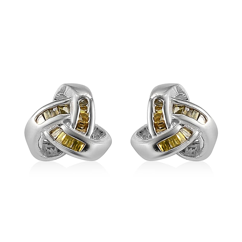 Yellow Diamond Knotted Stud Earrings in Platinum Over Sterling Silver 0.15 ctw