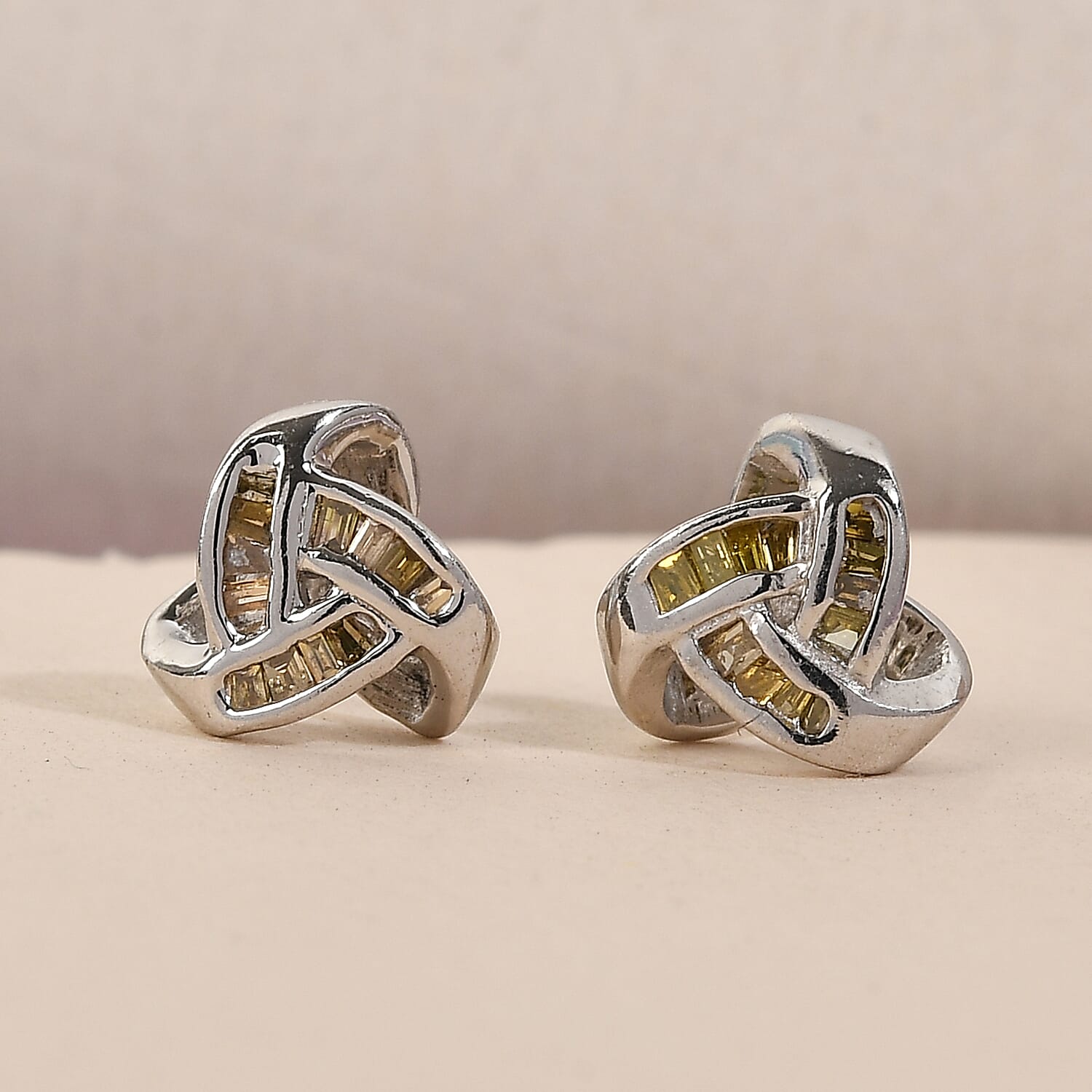 Yellow Diamond Knotted Stud Earrings in Platinum Over Sterling Silver 0.15 ctw