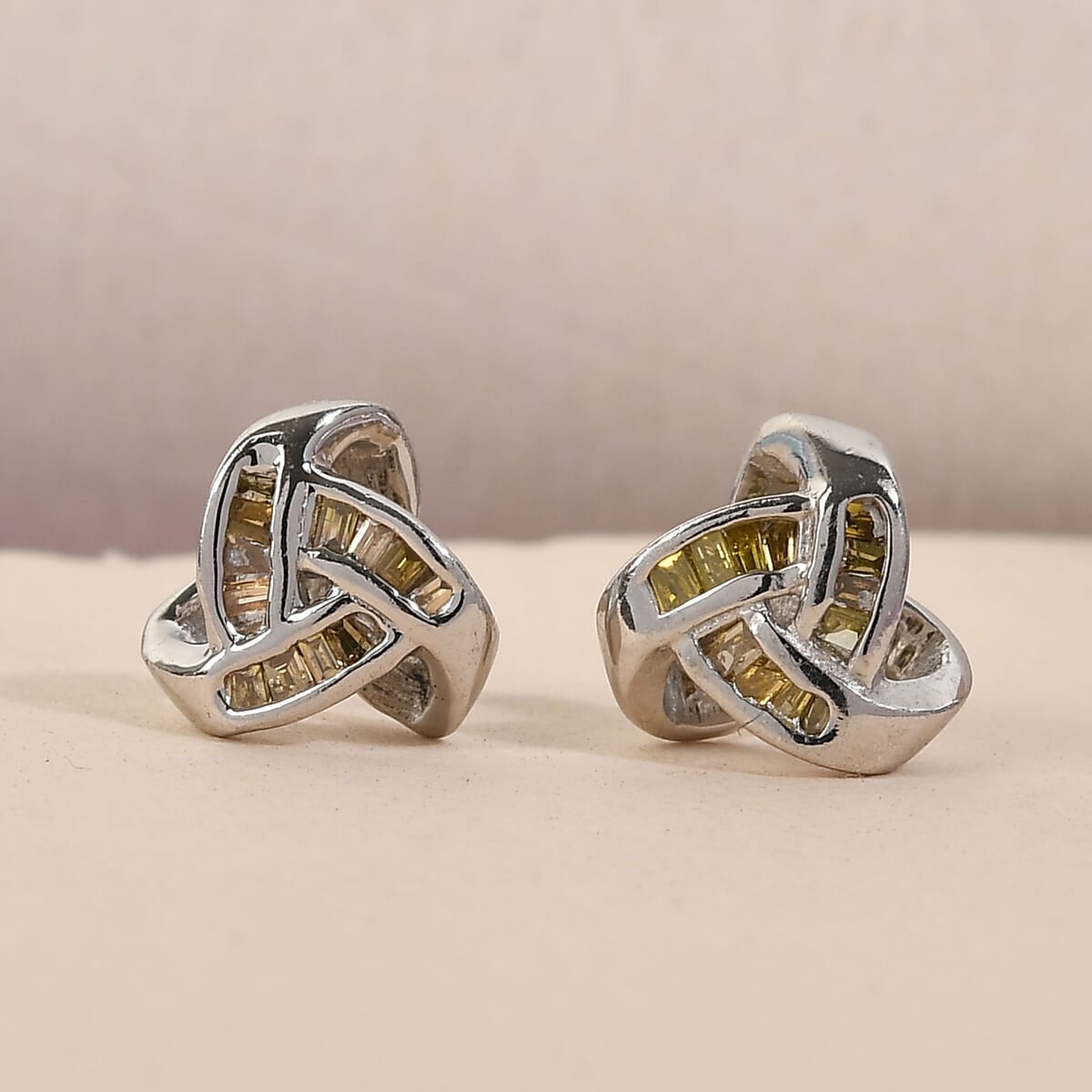 Yellow Diamond Knotted Stud Earrings in Platinum Over Sterling Silver 0.15 ctw image number 1