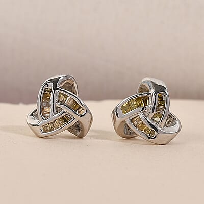 Yellow Diamond Knotted Stud Earrings in Platinum Over Sterling Silver 0.15 ctw