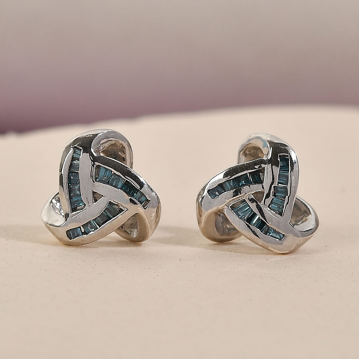 Blue Diamond Knotted Stud Earrings in Platinum Over Sterling Silver 0.15 ctw image number 1