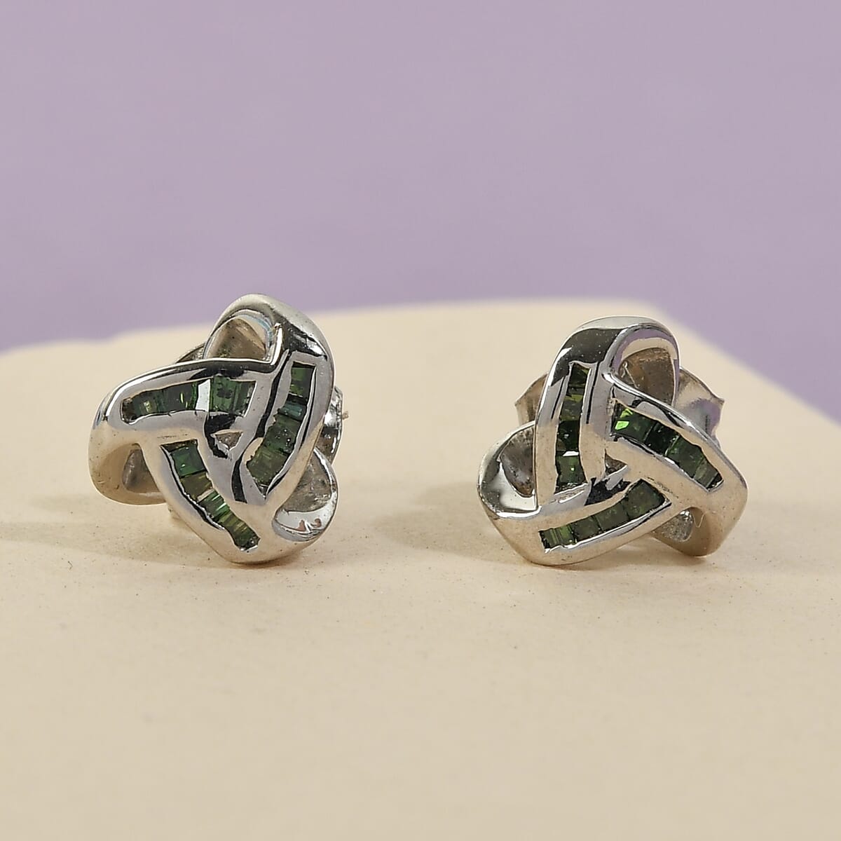 Green Diamond Knotted Stud Earrings in Platinum Over Sterling Silver 0.15 ctw image number 1