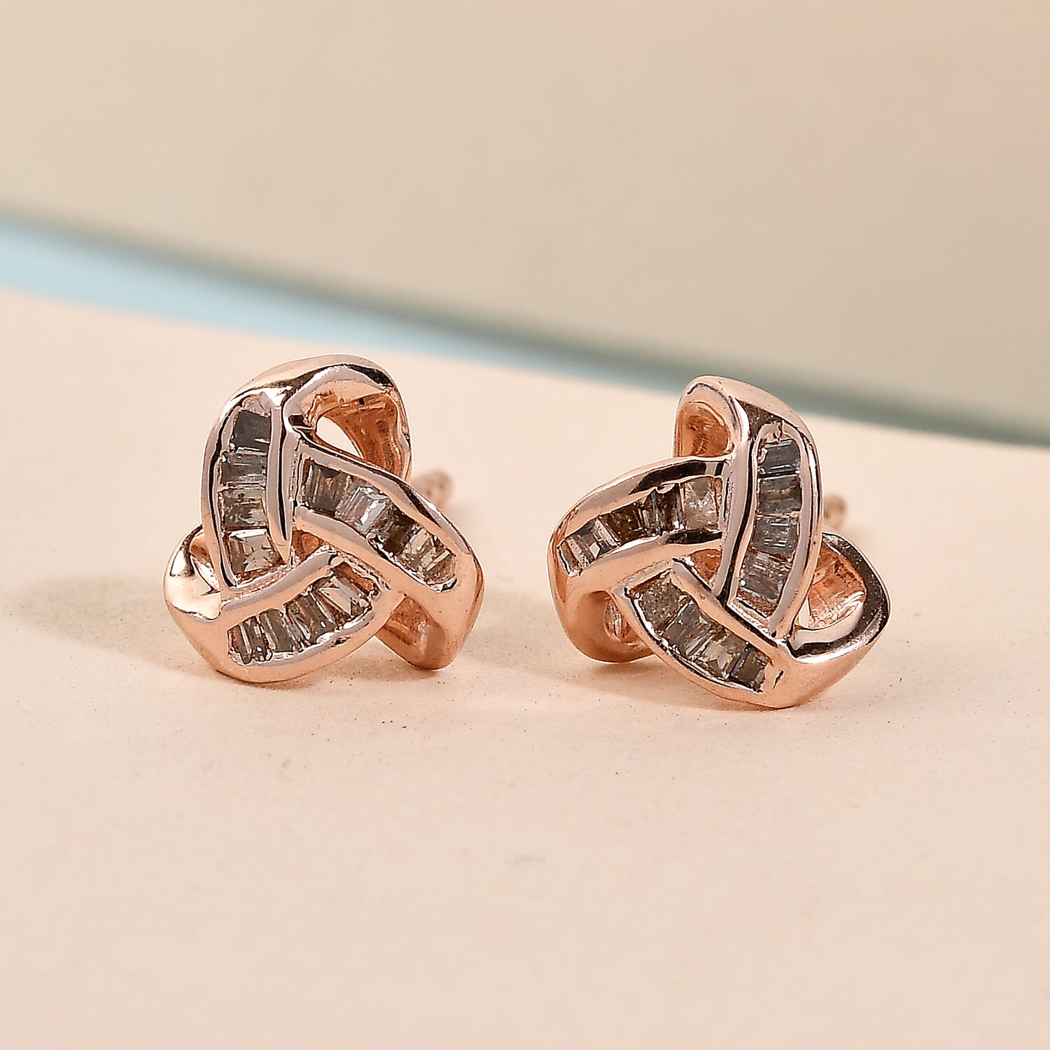 Natural Champagne Diamond Knotted Stud Earrings in Vermeil Rose Gold Over Sterling Silver 0.15 ctw