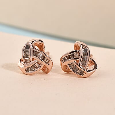 Natural Champagne Diamond Knotted Stud Earrings in Vermeil Rose Gold Over Sterling Silver 0.15 ctw