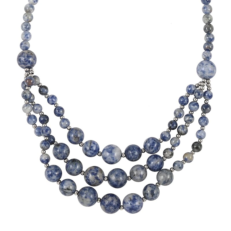 Blue Jasper Three-Row Necklace 22-24 Inches in Rhodium Over Stainless Steel 279.80 ctw