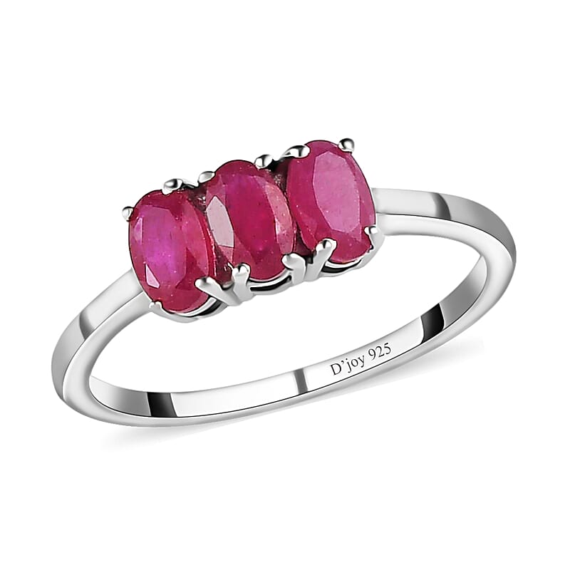Niassa Ruby 1.00 ctw 3 Stone Ring, Platinum Over Sterling Silver Ring, Ruby Trilogy Ring, Promise Ring For Her (Size 10.00)