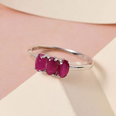 Niassa Ruby 1.00 ctw 3 Stone Ring, Platinum Over Sterling Silver Ring, Ruby Trilogy Ring, Promise Ring For Her (Size 10.00)