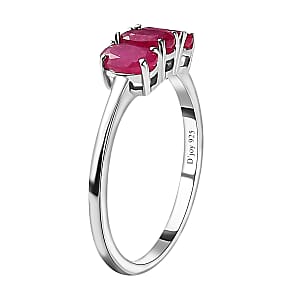 Niassa Ruby 1.00 ctw 3 Stone Ring, Platinum Over Sterling Silver Ring, Ruby Trilogy Ring, Promise Ring For Her (Size 6.00)